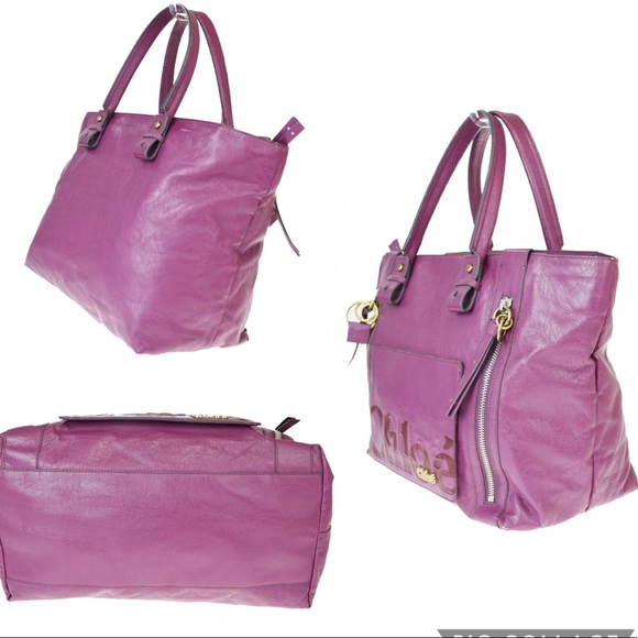 👜 CHLOE Leather Shoulder Bag Purple Tote Zipper - Picture 3 of 8